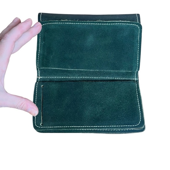 VTG 70s Leather Folding Wallet Suede Checkbook Top Grain Cowhide Green USA Made - Picture 7 of 11